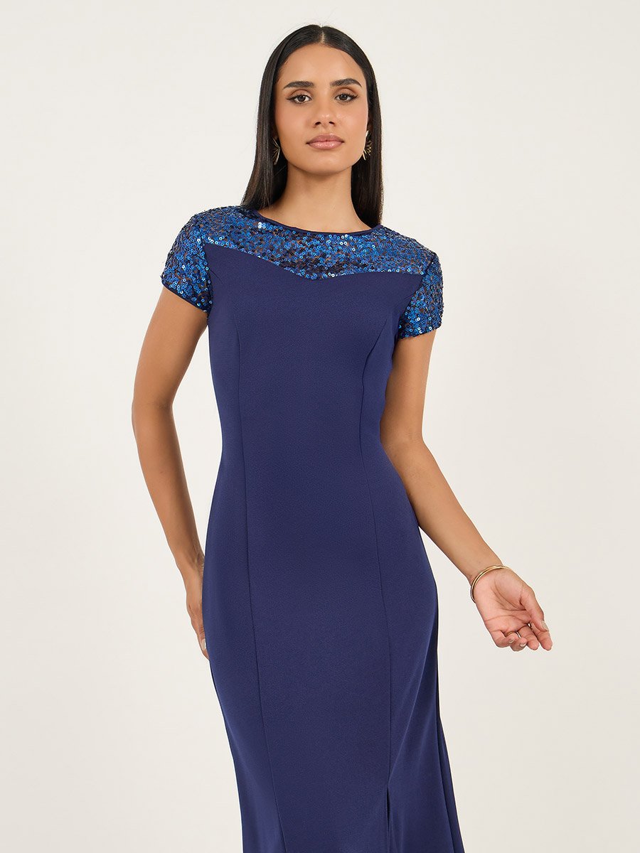 Sequinned Front Slit Detail Sheath Maxi Dress