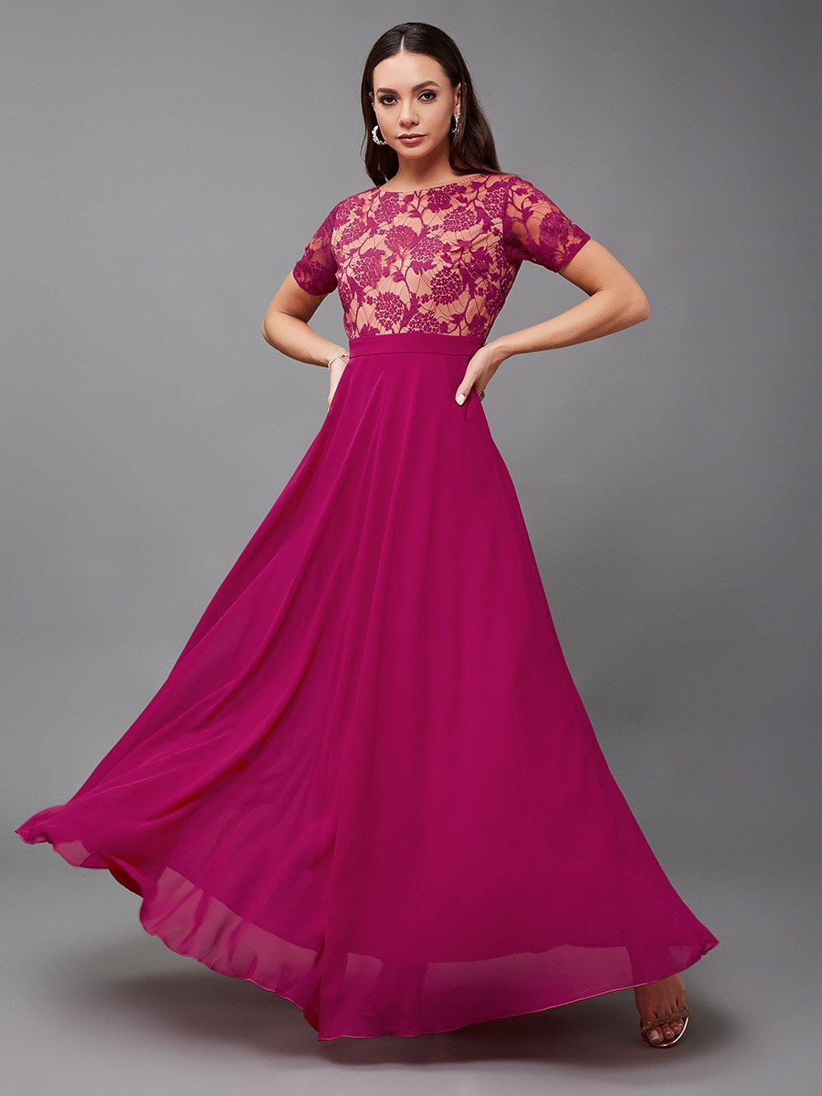 Lace Overlaid Boat Neck A-Line Maxi Dress