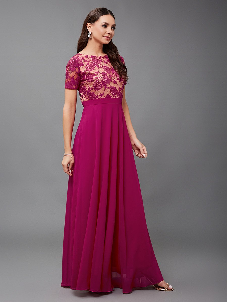 Lace Overlaid Boat Neck A-Line Maxi Dress