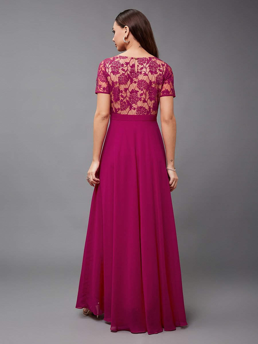 Lace Overlaid Boat Neck A-Line Maxi Dress