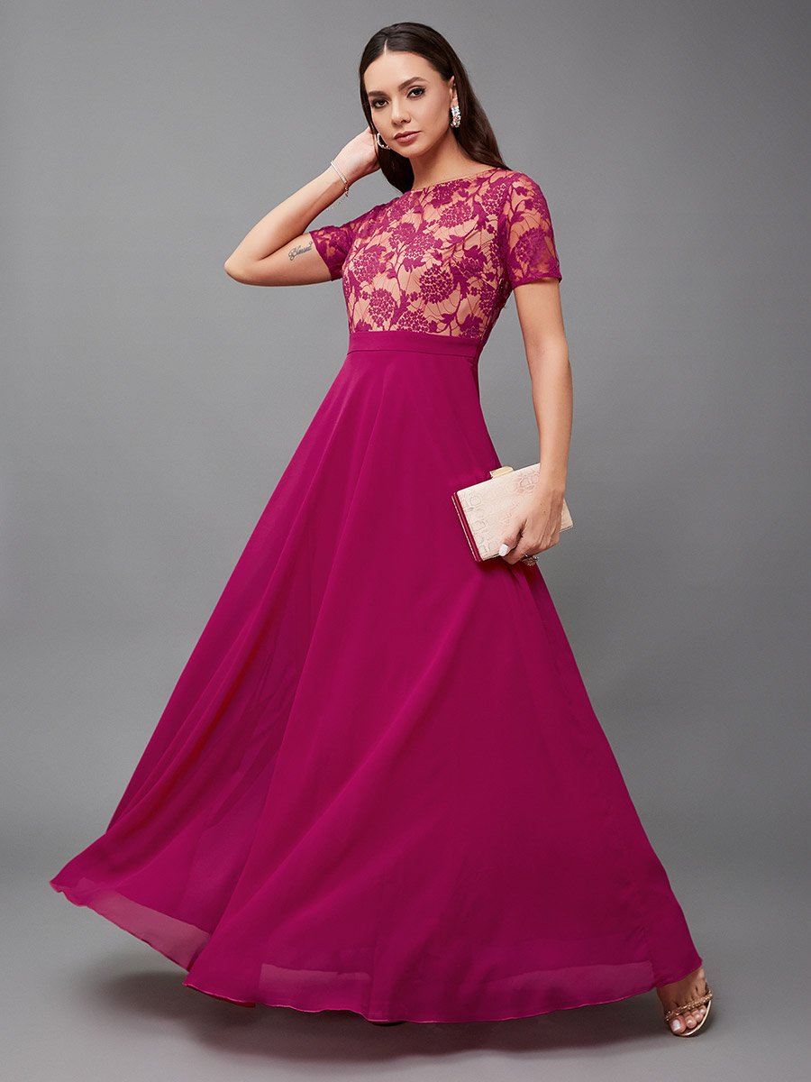 Lace Overlaid Boat Neck A-Line Maxi Dress