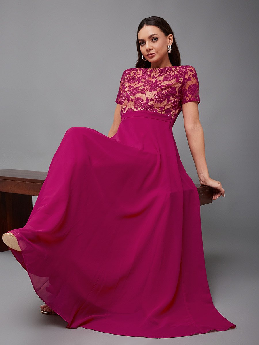 Lace Overlaid Boat Neck A-Line Maxi Dress