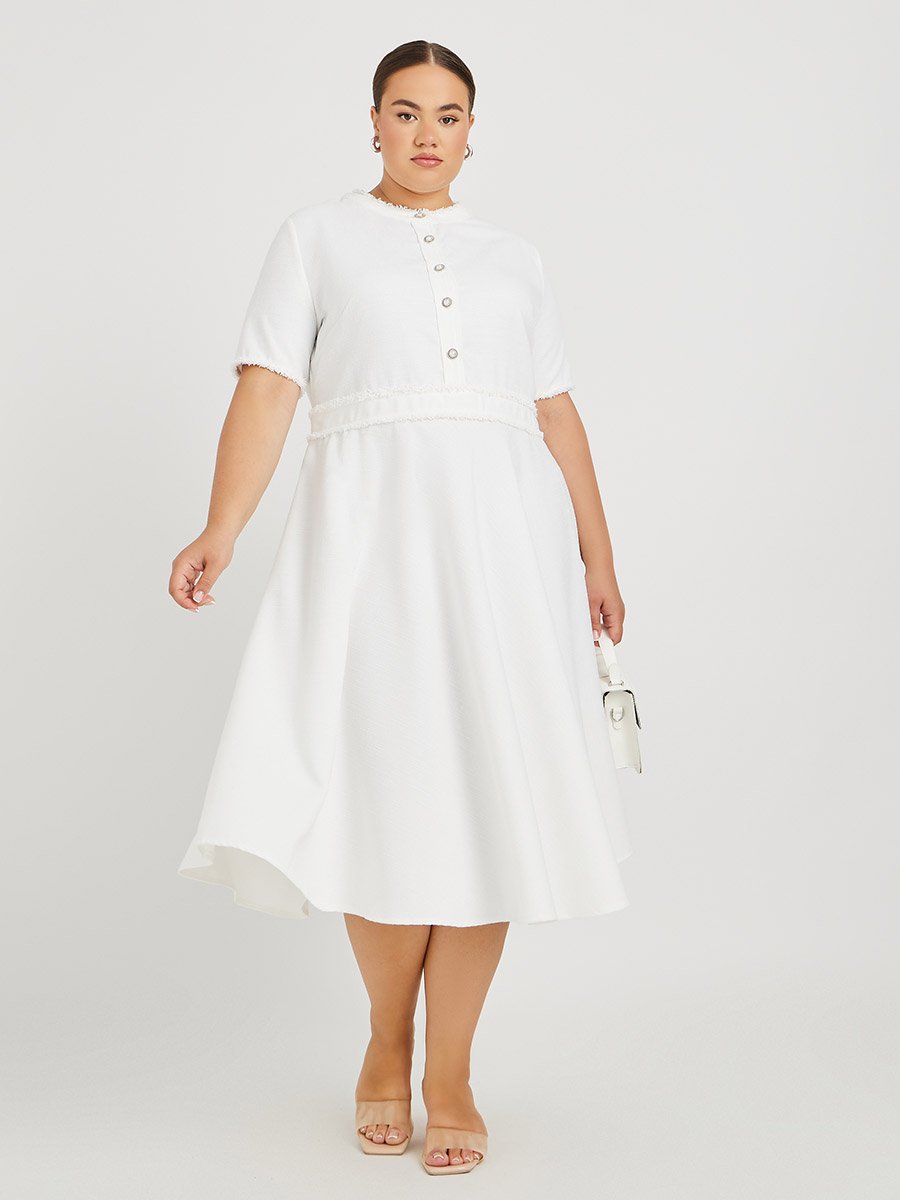 Plus Size Solid Buttoned Short Sleeve A-Line Midi Dress