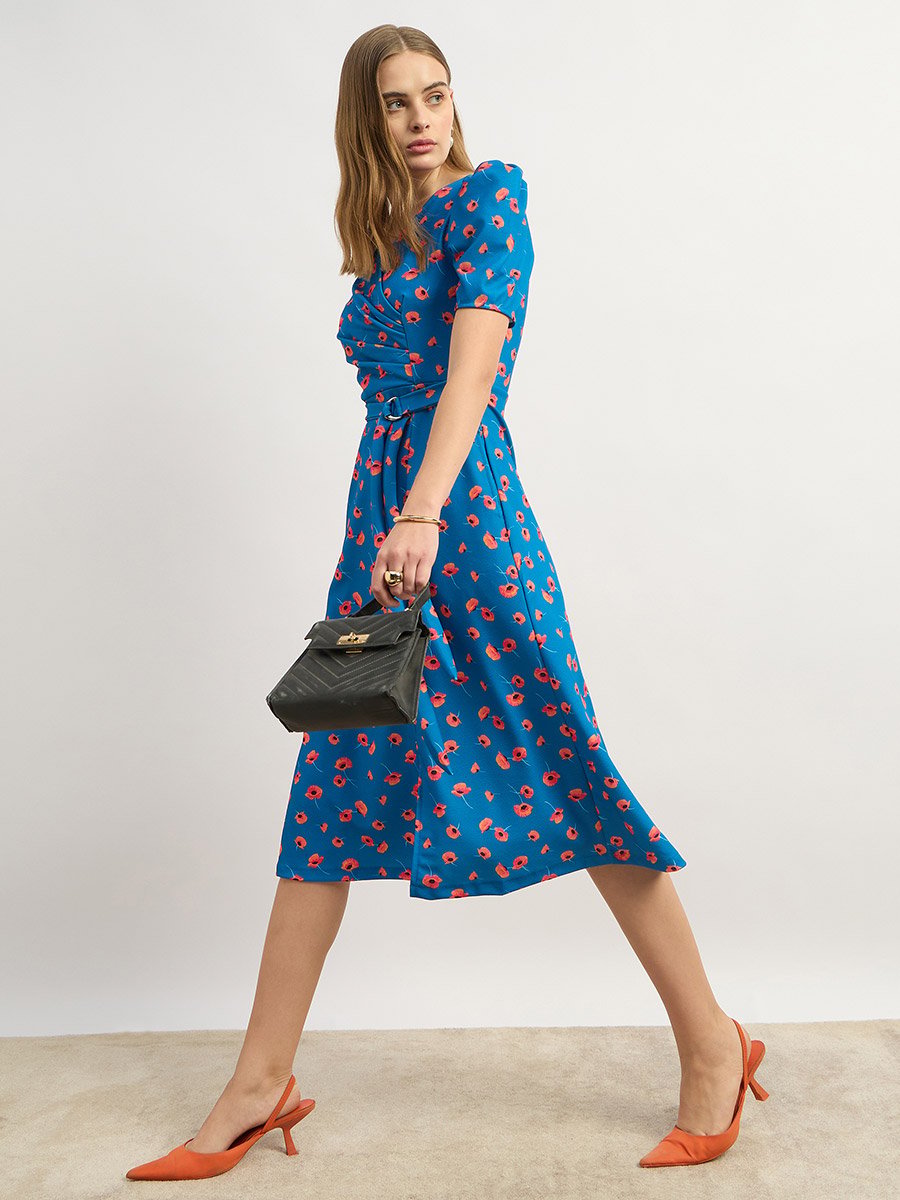 Floral Print A-Line Midi Dress with Puff Sleeves