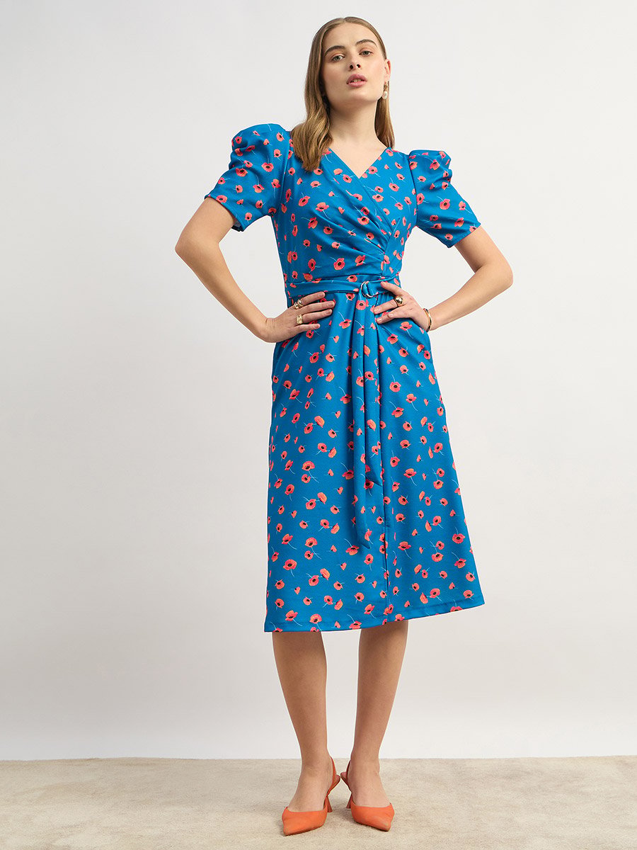 Floral Print A-Line Midi Dress with Puff Sleeves