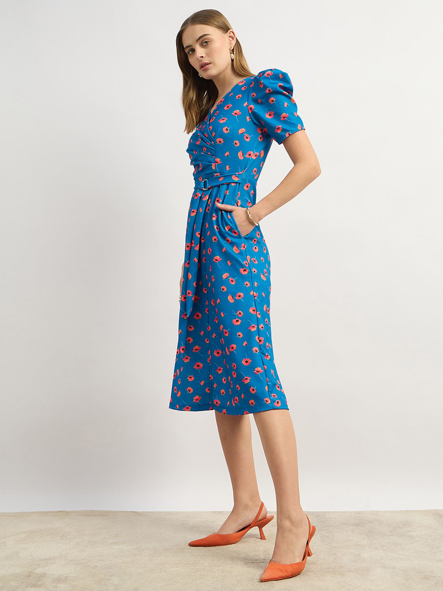 Floral Print A-Line Midi Dress with Puff Sleeves