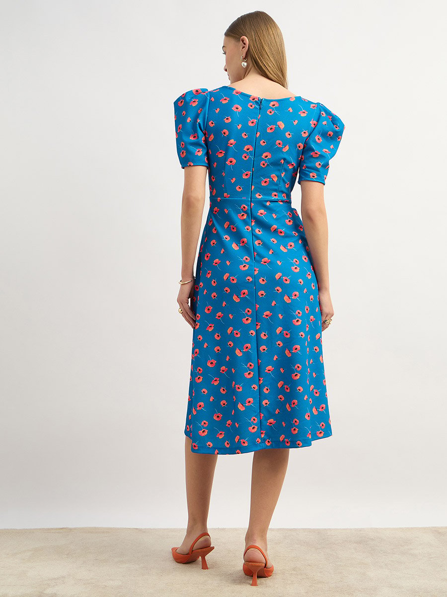 Floral Print A-Line Midi Dress with Puff Sleeves