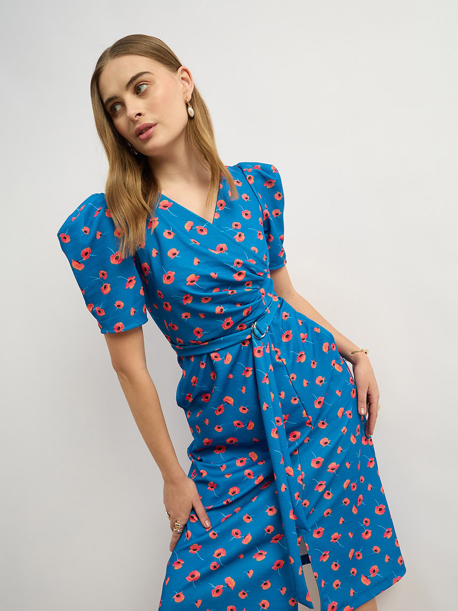 Floral Print A-Line Midi Dress with Puff Sleeves