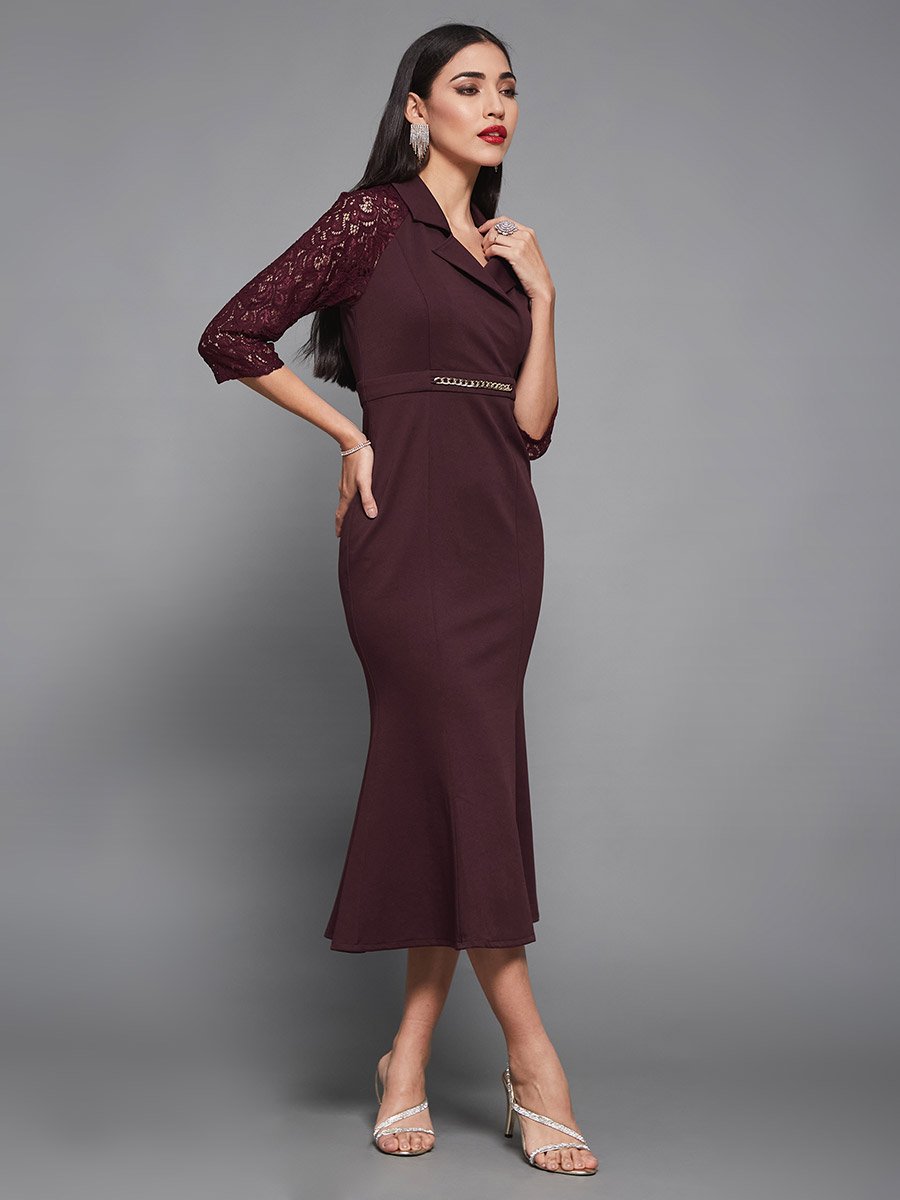 Lace 3/4 Sleeves Collared Mermaid Midi Dress