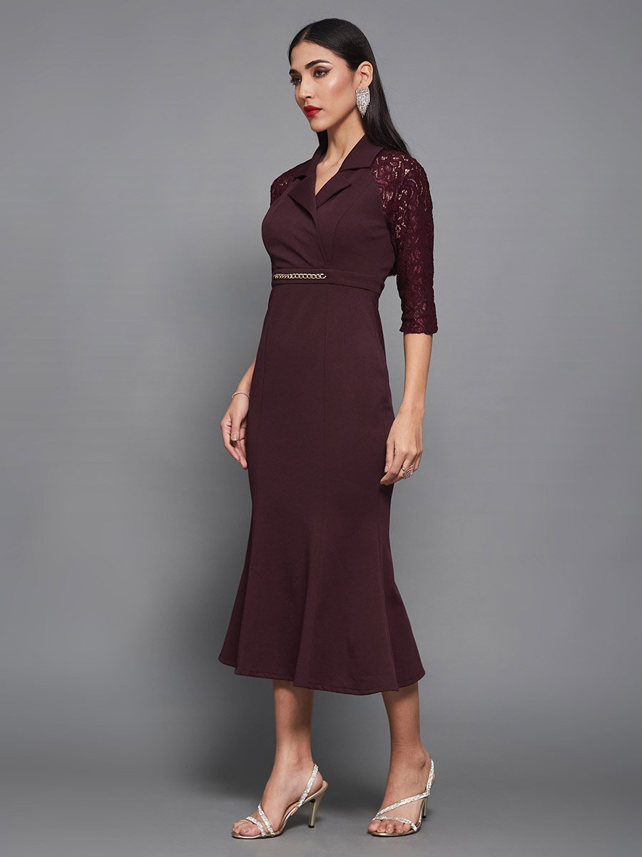 Lace 3/4 Sleeves Collared Mermaid Midi Dress