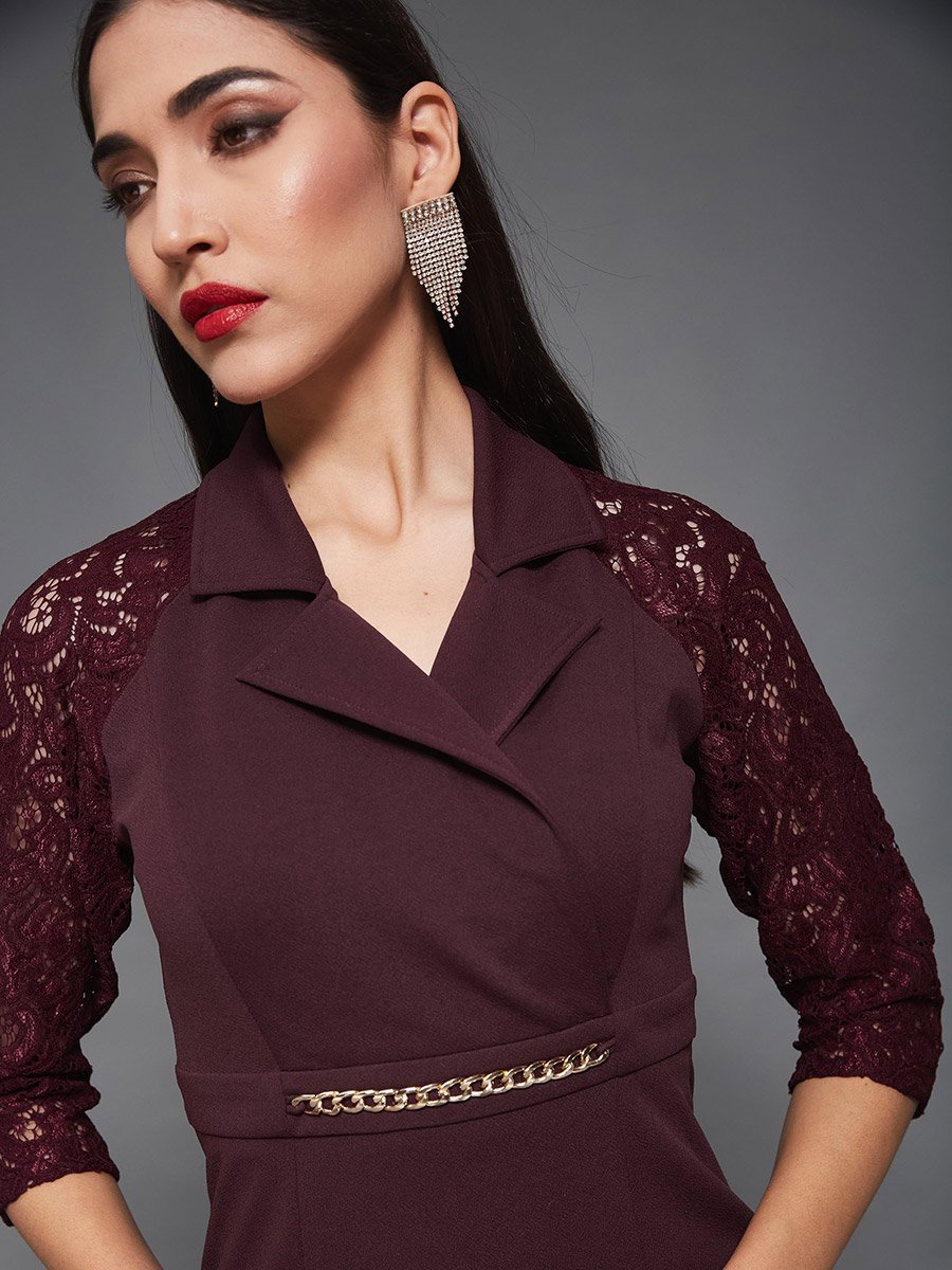 Lace 3/4 Sleeves Collared Mermaid Midi Dress