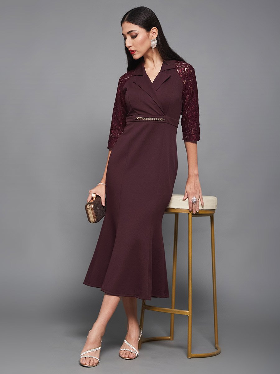 Lace 3/4 Sleeves Collared Mermaid Midi Dress