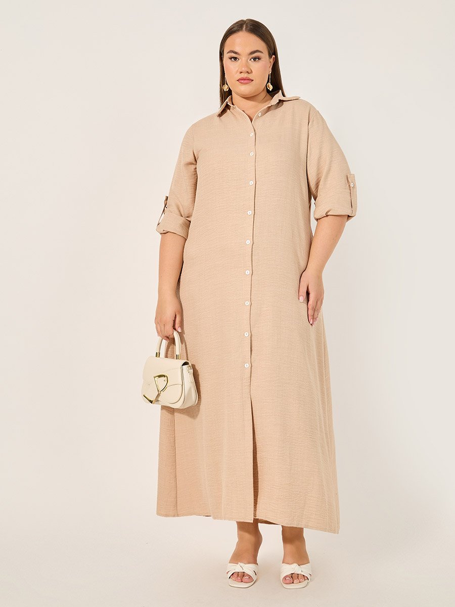 Plus Size Roll-Up Sleeves Shirt Maxi Dress