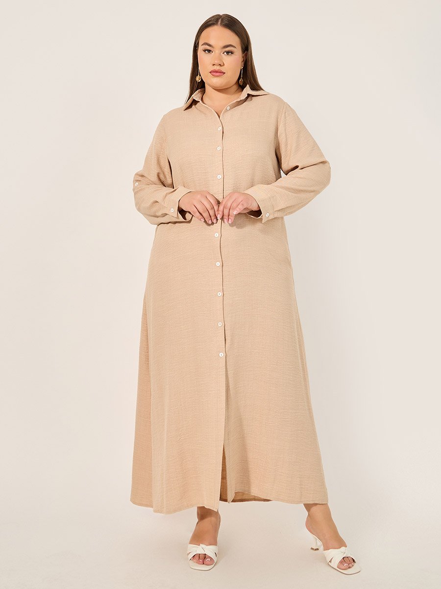 Plus Size Roll-Up Sleeves Shirt Maxi Dress