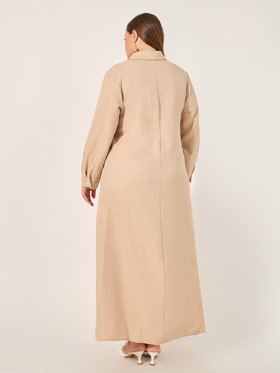 Plus Size Roll-Up Sleeves Shirt Maxi Dress