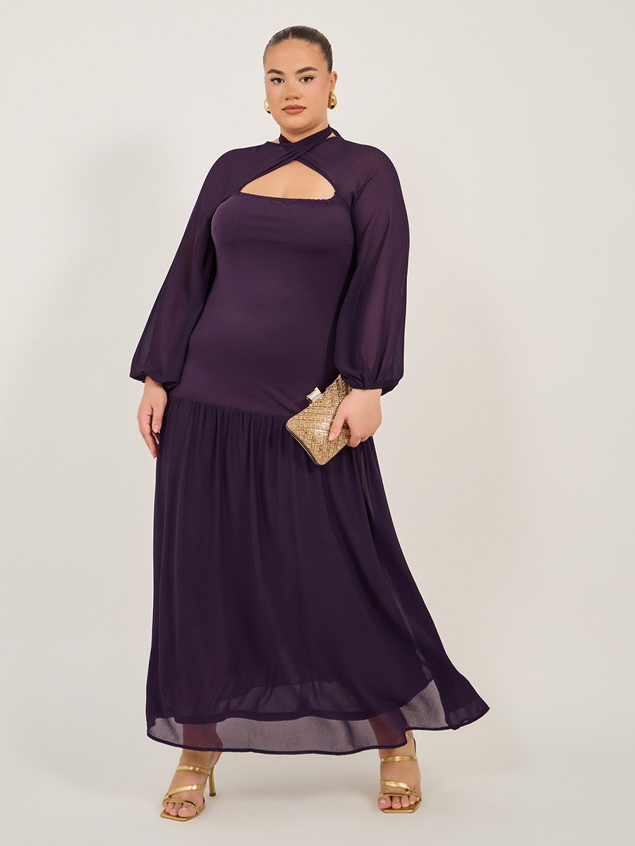 Plus Size Purple Solid Cut Out A-Line Maxi Dress