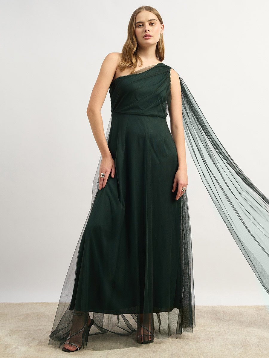 Mesh One-Shoulder A-Line Maxi Dress
