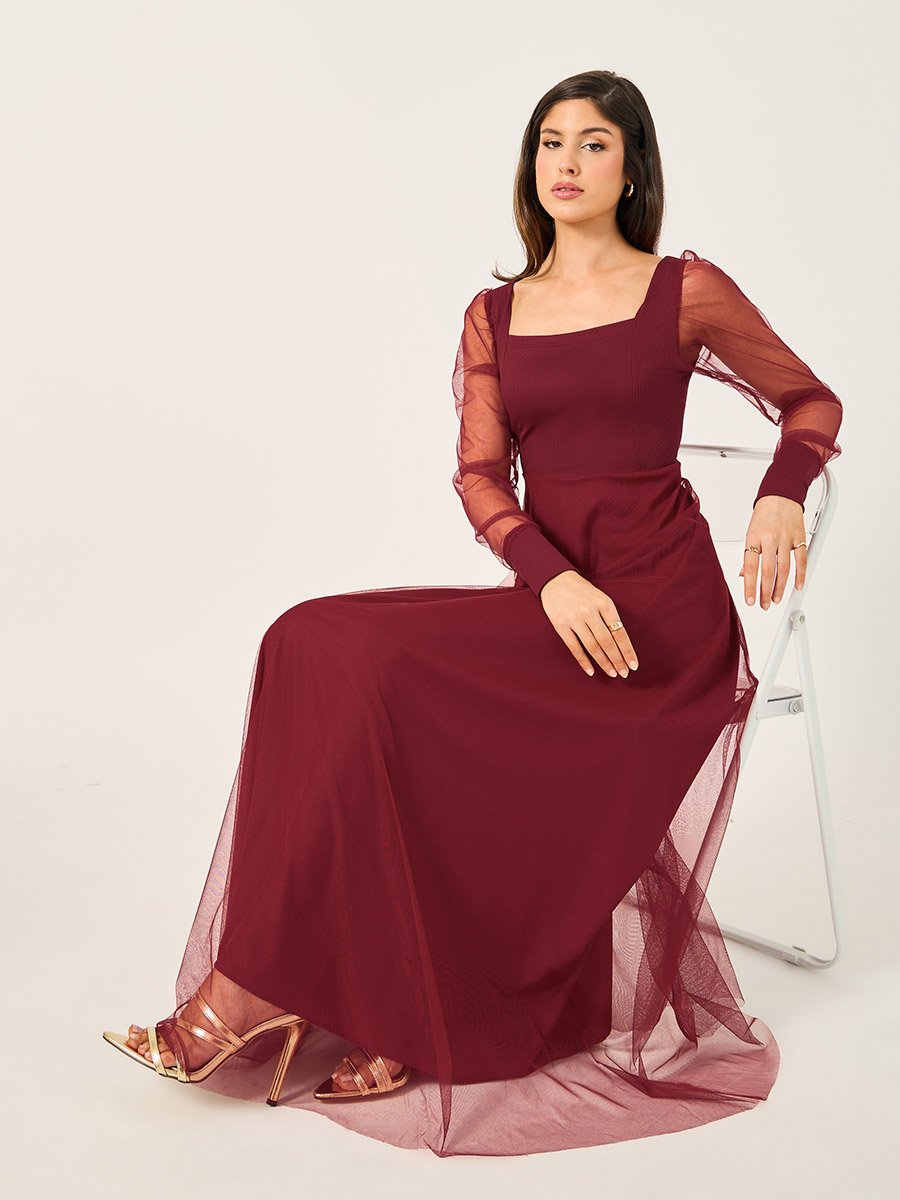Mesh Insert Puff Sleeve Square Neck Maxi Dress