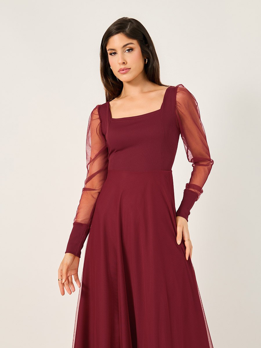 Mesh Insert Puff Sleeve Square Neck Maxi Dress
