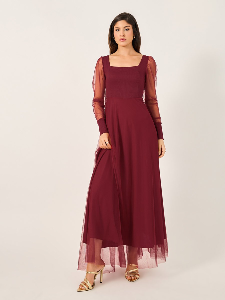 Mesh Insert Puff Sleeve Square Neck Maxi Dress