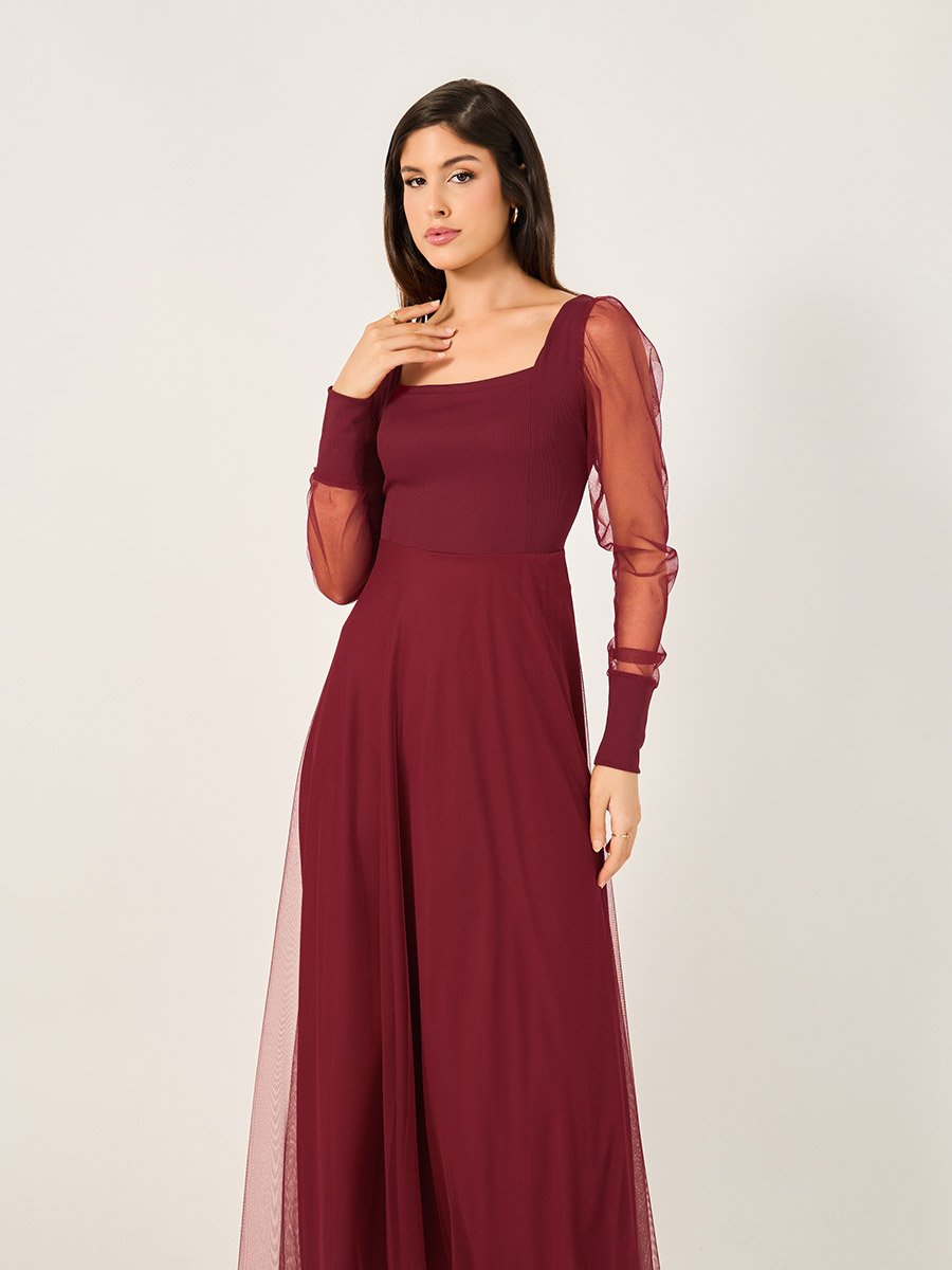 Mesh Insert Puff Sleeve Square Neck Maxi Dress