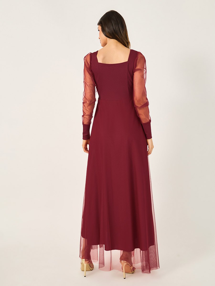 Mesh Insert Puff Sleeve Square Neck Maxi Dress