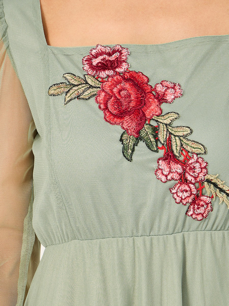Embroidered Detail Square Neck A-Line Maxi Dress
