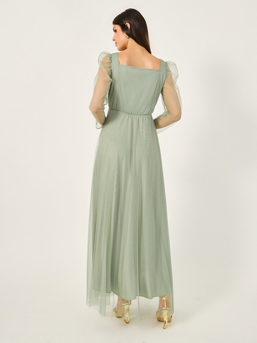 Embroidered Detail Square Neck A-Line Maxi Dress