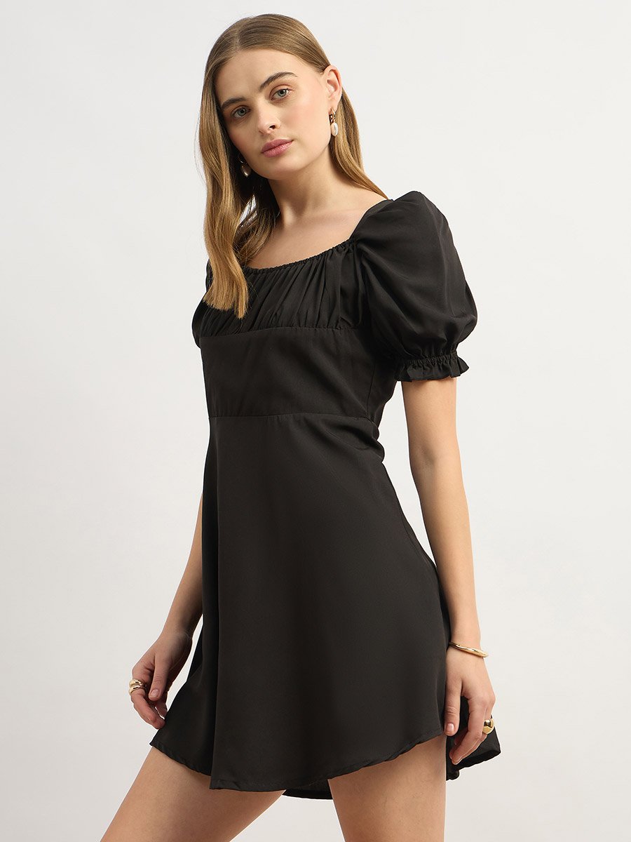 Solid Puff Sleeves A-Line Mini Dress