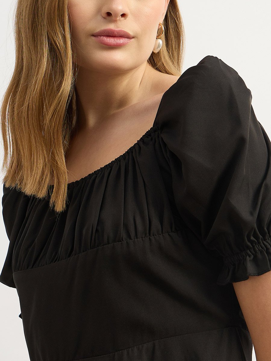 Solid Puff Sleeves A-Line Mini Dress