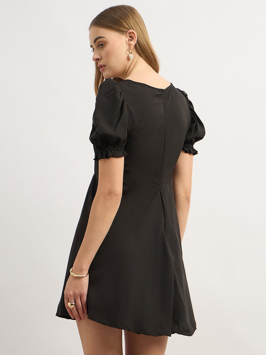 Solid Puff Sleeves A-Line Mini Dress