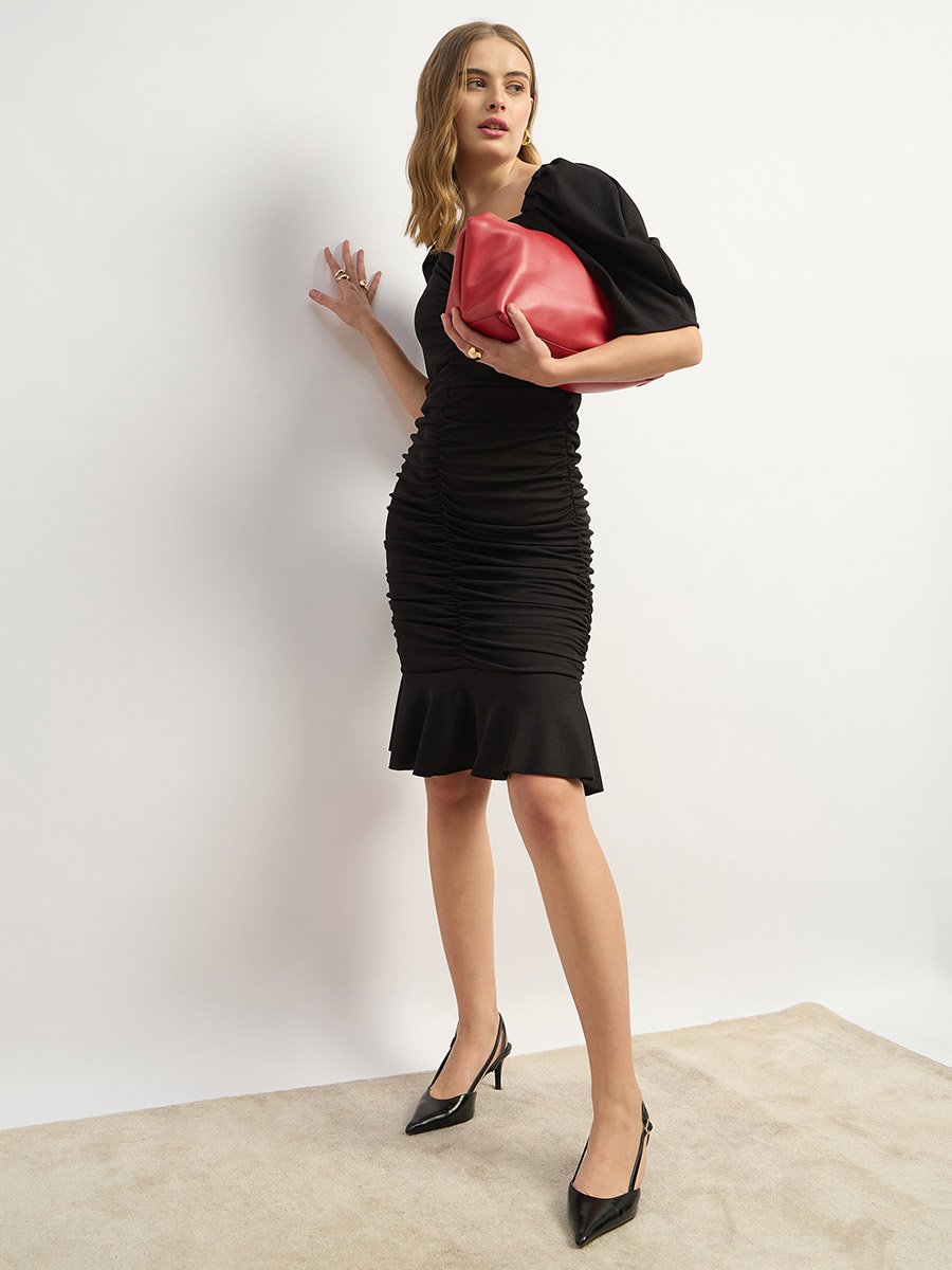 Solid Ruched Detail Puff Sleeve Bodycon Knee-Length Dress