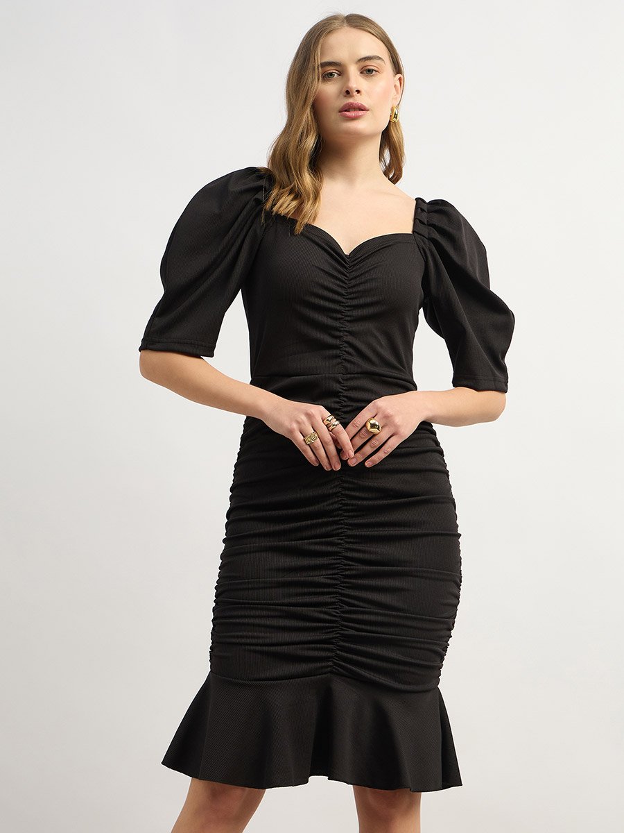 Solid Ruched Detail Puff Sleeve Bodycon Knee-Length Dress