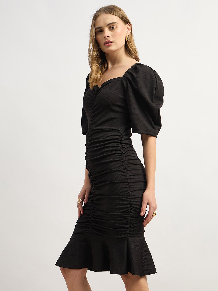 Solid Ruched Detail Puff Sleeve Bodycon Knee-Length Dress