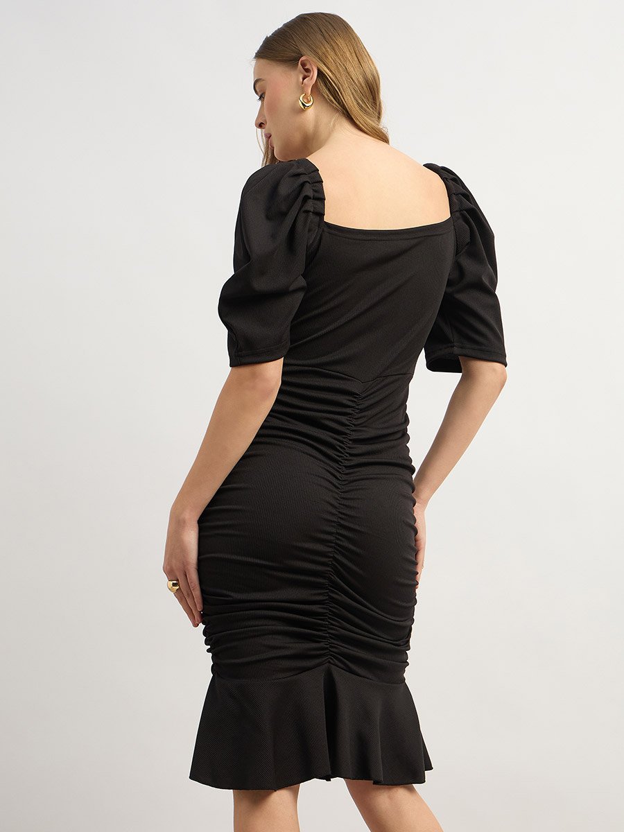 Solid Ruched Detail Puff Sleeve Bodycon Knee-Length Dress