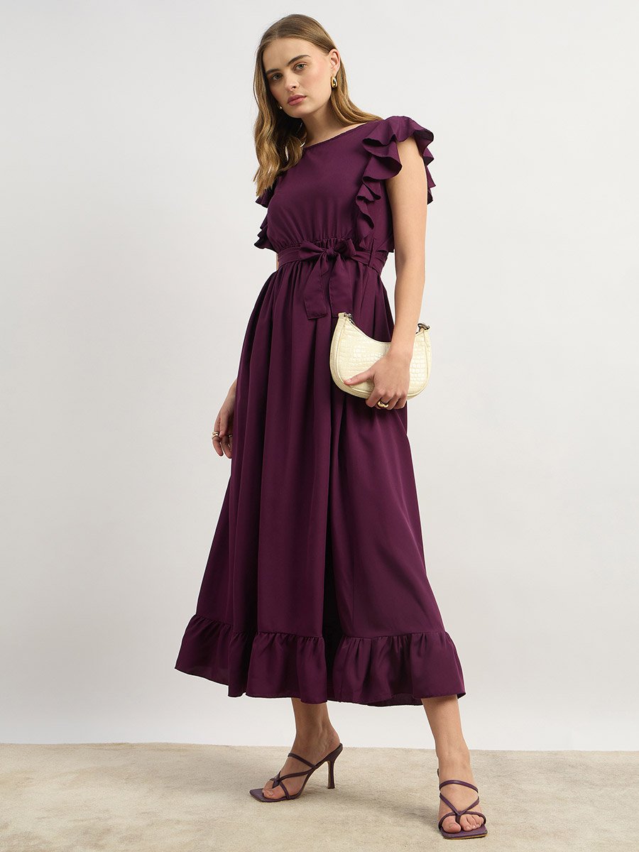 Solid Ruffled Hem Tiered Midi Dress with Waist Tie-Up