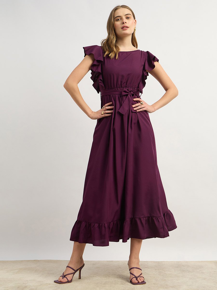 Solid Ruffled Hem Tiered Midi Dress with Waist Tie-Up