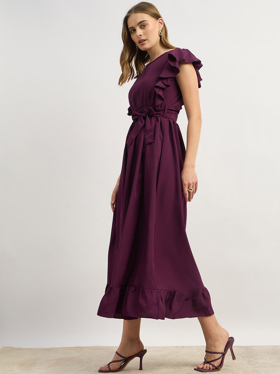 Solid Ruffled Hem Tiered Midi Dress with Waist Tie-Up