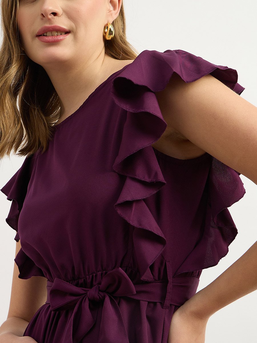 Solid Ruffled Hem Tiered Midi Dress with Waist Tie-Up