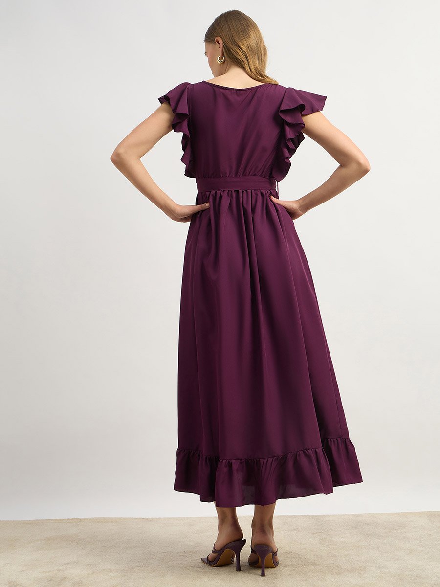 Solid Ruffled Hem Tiered Midi Dress with Waist Tie-Up