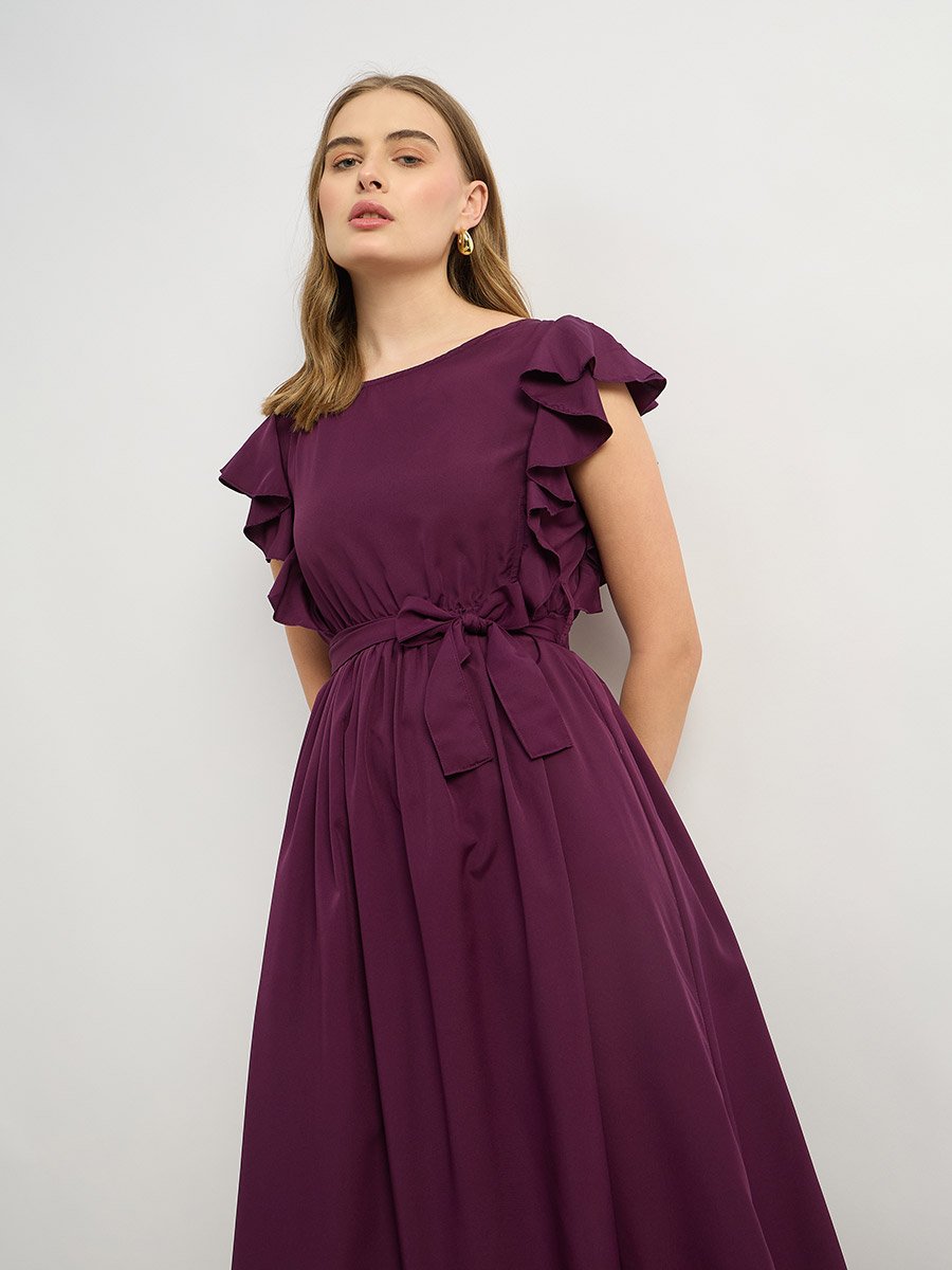 Solid Ruffled Hem Tiered Midi Dress with Waist Tie-Up