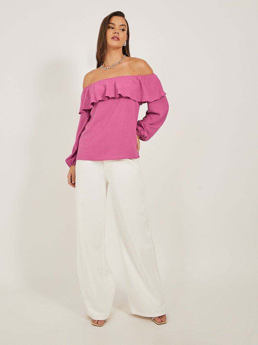 Solid Ruffled Trim Off Shoulder Neck Blouse