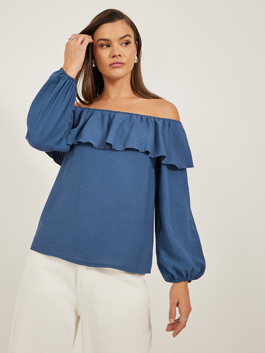 Solid Ruffled Trim Off Shoulder Neck Blouse For Women at UAE | Styli