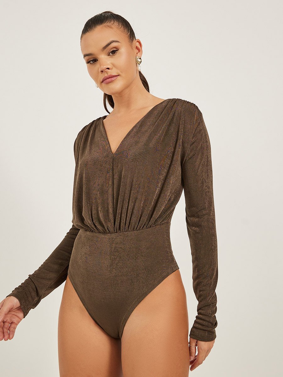Brown Deep V Neck Wrap Bodysuit