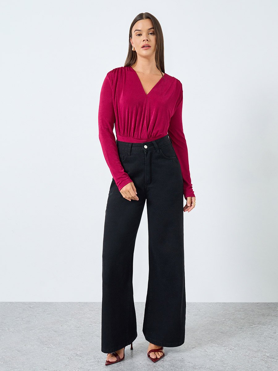 Red Deep V Neck Wrap Bodysuit For Women at UAE | Styli