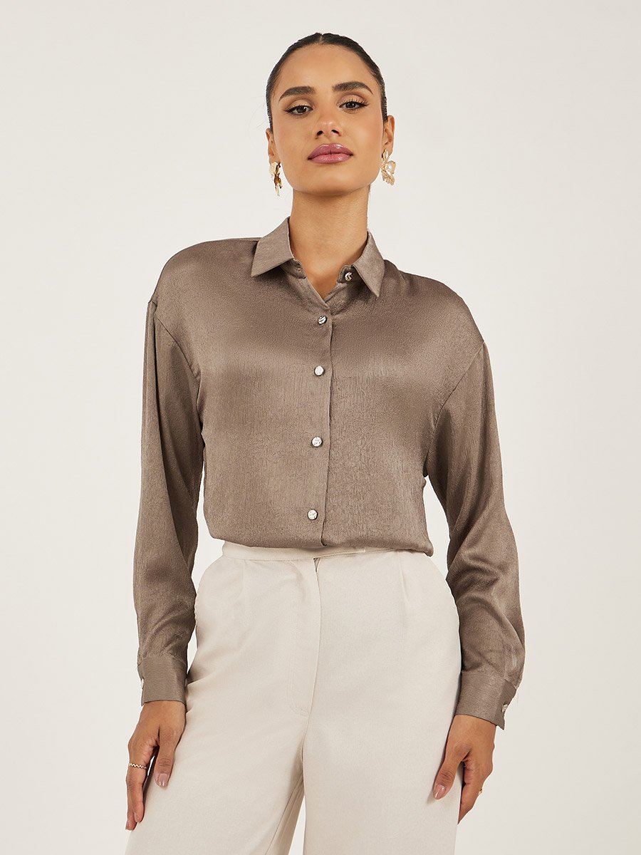 Brown Textured Long Sleeve Oversized Shirt