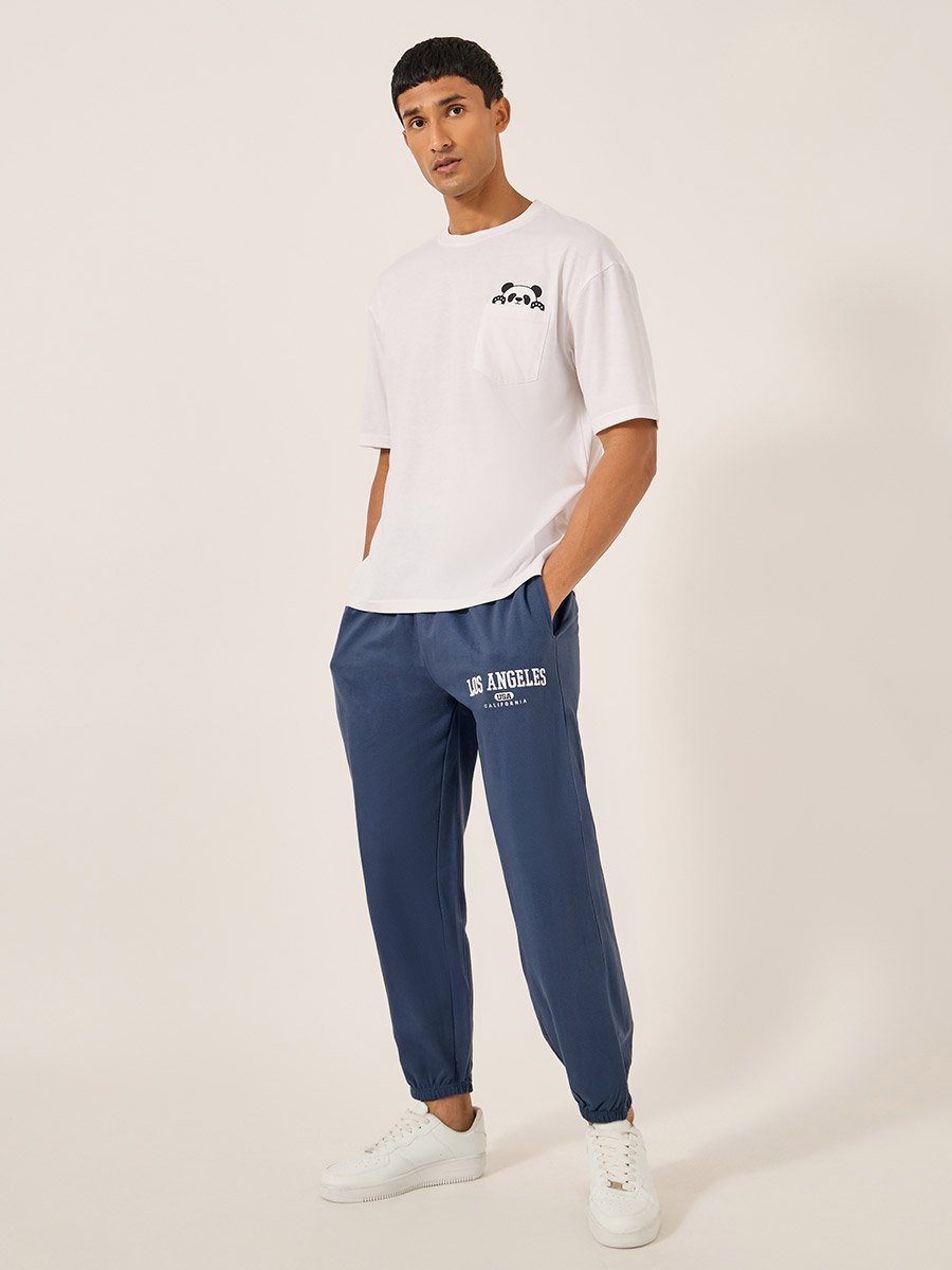 Embroidered Slogan Mid Rise Relaxed Fit Joggers