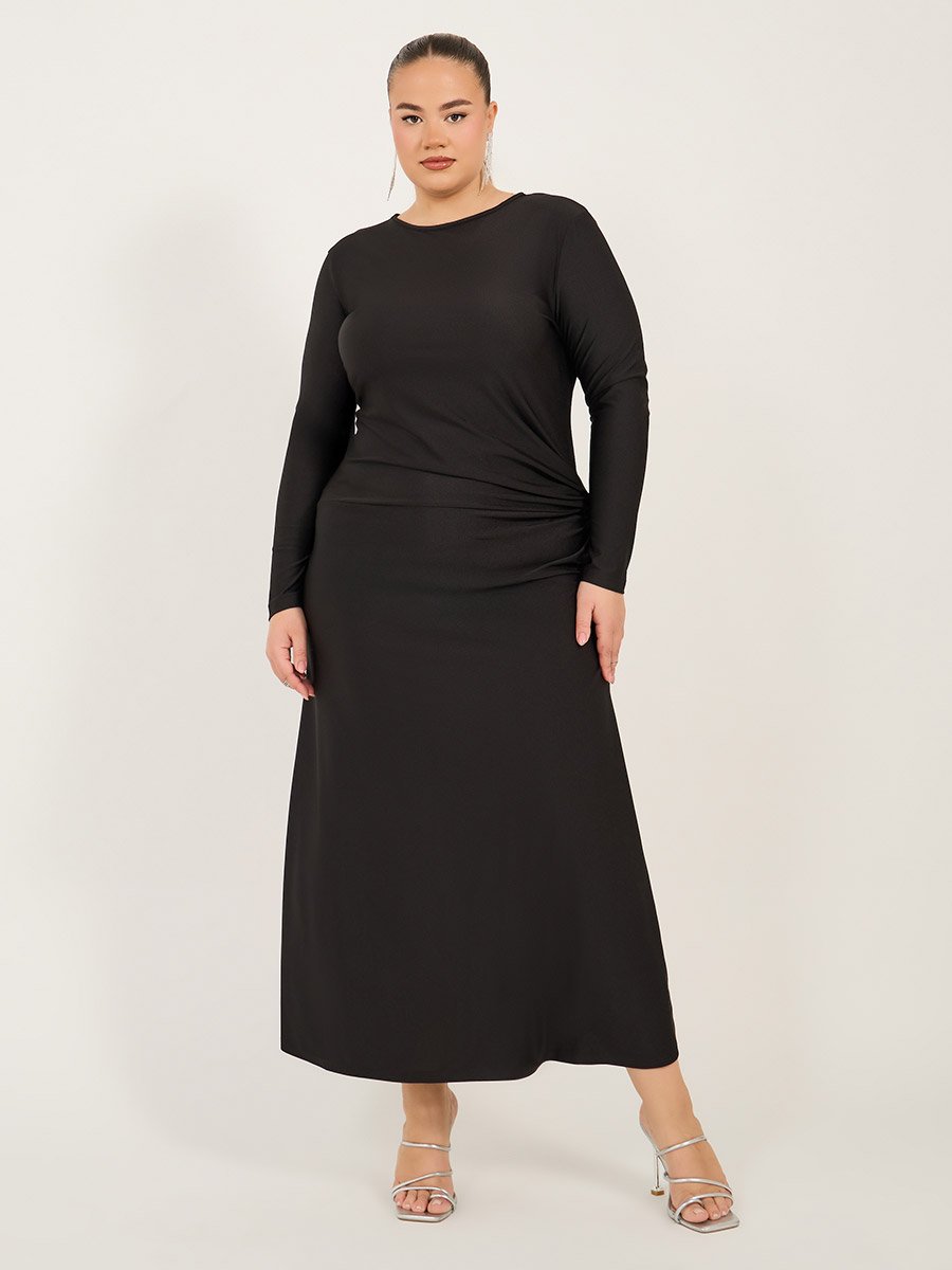 Plus Size Solid Long Sleeves A-Line Maxi Dress