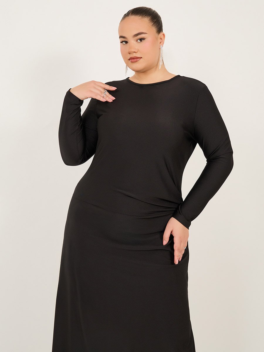 Plus Size Solid Long Sleeves A-Line Maxi Dress