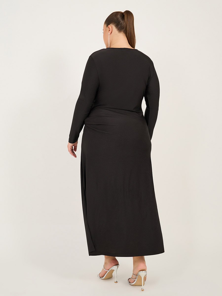 Plus Size Solid Long Sleeves A-Line Maxi Dress